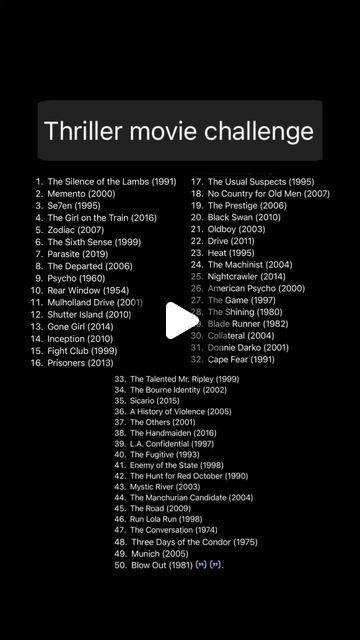 @brolists on Instagram: "Ready for the ultimate movie marathon? Take on the Thriller Movie Challenge and experience spine-chilling suspense and heart-pounding excitement! Watch these 10 best thriller movies and see if you can handle the intensity. 🎬🔍 #DailyLifeTips #MensLifestyle”  Hashtags:  #ThrillerMovieChallenge #MovieMarathon #DailyLifeTips #MensLifestyle #Suspense #MovieNight #FilmLovers #WatchList #CinematicExperience #MustWatch #FilmChallenge #ExplorePage #Thriller #MovieBuff #Inspiration #StayExcited #WeekendPlans #Entertainment #WatchAndChill" Thriller Movies To Watch, Suspense Thriller Movies, Best Thriller Movies, Oldboy 2003, Movie Challenge, Film Recommendations, Shutter Island, Film Lovers, Thriller Movie