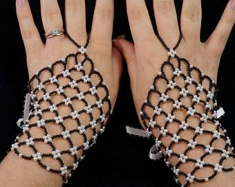 Pearl Czech glass long beaded fingerloop by originalbeading White Fingerless Gloves, Fingerless Gloves Black, Beaded Gloves, Black And White Necklace, Gloves Long, Diy Beaded Rings, Beading Jewelery, Wedding Gloves, Bridal Gloves