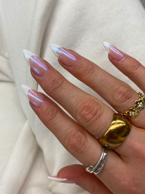 Iridescent French Nails, Iridescent French Tip Nails Almond, French Holographic Nails, Almond Nails Designs Iridescent, Holographic French Tip, Almond Nails Holographic, Iridescent Acrylic Nails, Lavender Chrome Nails French Tip, Irredecent Nail Designs