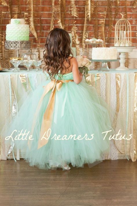 Adorable tulle flower girl dress in mint green with a gold ribbon. Mint Green Flowers, Green Tutu, Wedding Mint Green, Gold Wedding Inspiration, Girls Tutu Dresses, Flower Girl Dresses Tutu, Wedding Color Inspiration, Mint Wedding, Flower Girl Tutu