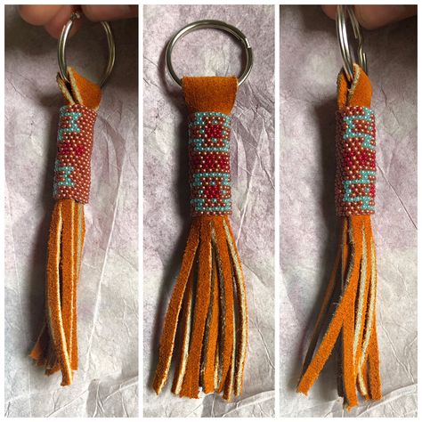 Aztec beaded keychain leather fringe Leather Keychain Diy, Keychain Leather, American Gifts, Beaded Keychain, Diy Keychain, Beaded Keychains, Bead Leather, Leather Fringe, Beaded Bags