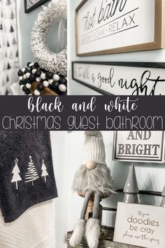 I went a total different direction with my Christmas decor in the guest bathroom this year! I’m usually one to add in pops of color, but this year I decided to try something new for this space, and I am sticking to ONLY black and white (and grey of course)! #ChristmasDecor #BlackAndWhiteDecor #BathroomIdeas Guest Bathroom Black And White, Christmas Guest Bathroom, Xmas Bathroom Decor, Rustic Wall Decor Ideas, Bathroom Neutral, Bathroom Black And White, Bathroom Decor Christmas, Black And White Christmas, Black White Christmas