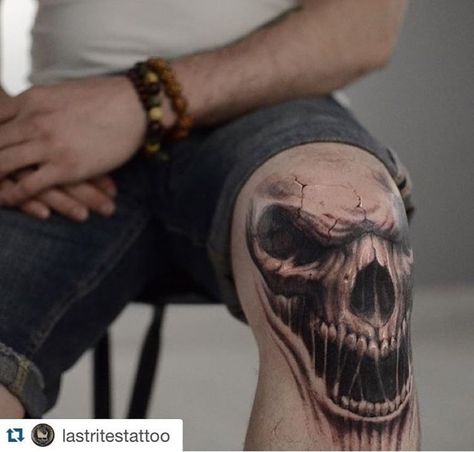 Knee Tattoo Men Ideas, Mens Knee Tattoo Ideas, Skull Leg Tattoo, Over Knee Tattoo Men, Tattoo Theatre, Skull Neck Tattoo, Skull Knee Tattoo, Last Rites Tattoo, Knee Tattoo Men