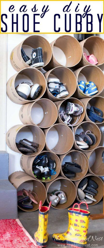 This is AWESOME. Inexpensive DIY shoe storage / shoe cubbies made from concrete form tubes/sonotube! So smart!! This should only take an hour or so to put together. #shoestorage #shoeorganizer #shoecubbies #shoestorageDIY #shoestorageideas Kids Shoe Storage, Shoe Cubbies, Diy Shoe Rack Ideas, Shoe Storage Diy, Diy Shoe Storage, Shoe Cubby, Diy Shoe Rack, Diy Shoe, Concrete Forms