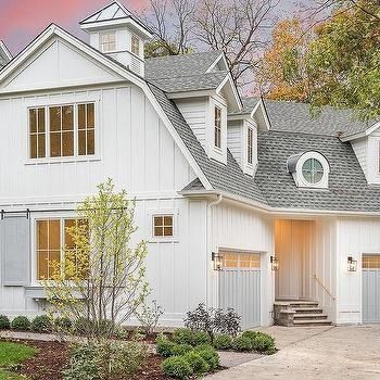 a House Paint Exterior Grey, Transitional Home Exterior, Grey Garage Doors, Cottage Style Homes, White Cottage, Grey Trim, Transitional House, Metal Building Homes, Farmhouse Exterior