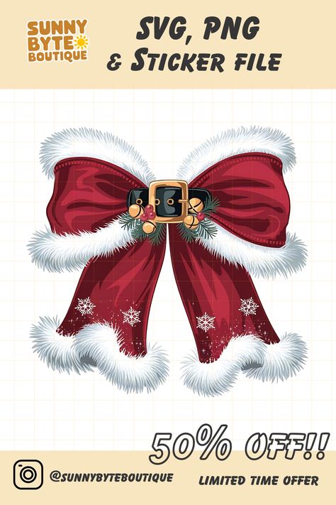 A festive red Santa Belt Bow clipart with fluffy white trim, ideal for Christmas-themed DIY projects, t-shirts, home decor, and digital scrapbooking. Comes in PNG, SVG, and sticker formats for easy crafting. Santa Belt, Belt Bow, Santa Belts, Bow Clipart, Christmas Coquette, Diy Branding, Bow Christmas, Christmas Bow, Christmas Bows