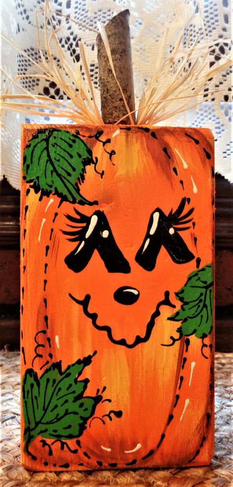 All of our signs are 100% wood (never composite) and are painted front and back (the design on the front and a solid color on the edges and back). Great for indoor or outdoor display! Welcome to 3CraftyMillers...the home of HIGH QUALITY/Affordable Priced Crafts Pumpkin Block Sitter combines Block Pumpkins, Autumn Country, Fall Wood Crafts, Painted Slate, Halloween Wood Crafts, Wood Block Crafts, Painted Pumpkin, Fall Halloween Crafts, Halloween Painting