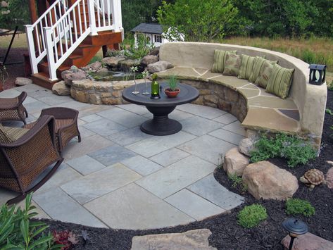 112 Flagstone Patio with Built-in Seating and Water Feature Backyard Stone, Garden Landscaping Design Ideas, Stone Patio Designs, Stone Backyard, Design Per Patio, Stone Deck, Outdoor Garden Bench, Stone Landscaping, Stone Patio