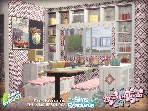 Sims 4 — Retro ReBOOT Dining by @ArwenKaboom — Little retro dining for your simmies. You can find all the items by typing Sims 4 1940s, Sims 4 Retro, Sims Cc Furniture, 1940s Furniture, Deer Lamp, Furniture Cc, Sims 4 Kitchen, 80s Decor, Cc Furniture