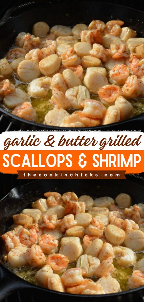 This Father's Day recipe is quick and easy! It's ready in just 15 minutes. Cooked in garlic and butter, this grilled scallops and shrimp is so flavorful. This summer grilling idea for dinner is also low-fat! Put this on your 4th of July party food! Grilled Shrimp And Scallop Recipes, Scallops On Blackstone Griddle, Grilled Scallops Recipe, 4th Of July Party Food, Scallops And Shrimp, Mixed Seafood Recipe, The Cookin Chicks, Grilled Scallops, Chicke Recipes