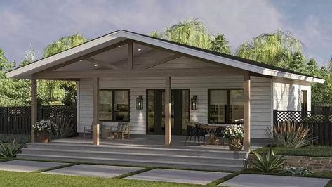 Single-Story Country Style 2-Bedroom ADU with Covered Front Porch (Floor Plan) Pool House Guest House Combo, Building Tiny House, Feminine House, Pool House Guest House, Adu House, Barndominium Homes, Mil Suite, Granny Flat Ideas, Black Modern Farmhouse