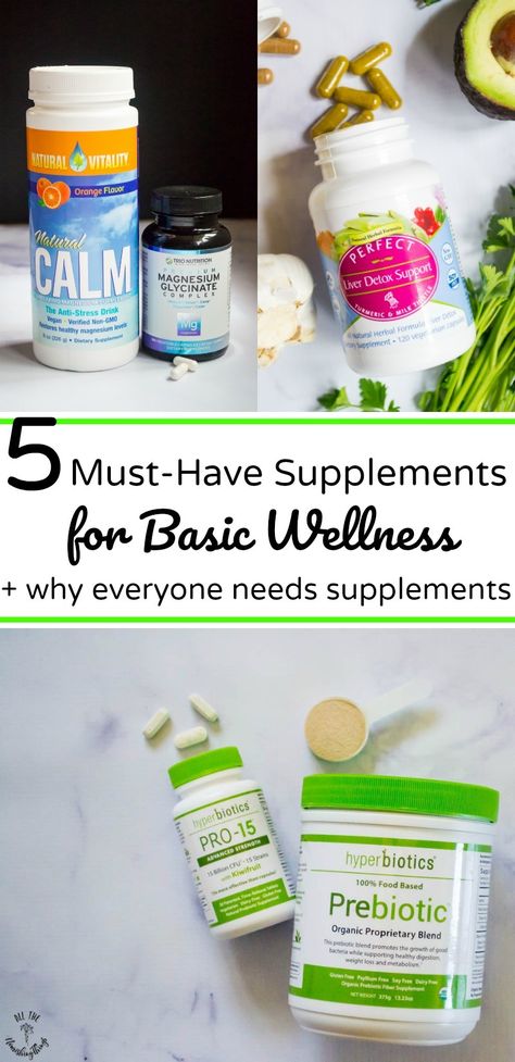 With depleted soils, stressful lifestyles, and constant exposure to toxins, it's important that we support our bodies' best health. So, here are my top 5 Must-Have Supplements for Basic Wellness, plus why everyone needs supplements! And, you might be surprised at what supplement DIDN'T make my list. #allthenourishingthings #supplements #wellness #bvitamins #probiotics #prebiotics #magnesium #NAC #guthealth Probiotics Prebiotics, Calm Magnesium, Holistic Dentistry, Cooking With Essential Oils, Wellness Ideas, Natural Calm, Liver Support, Keto Supplements, Hormone Balance