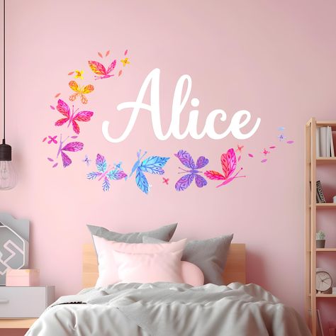 PRICES MAY VARY. 🔨 FULLY CUSTOMIZABLE GIRLS BEDROOM DECOR: Transform your child's space with a fully customizable name decal. Explore a spectrum of colors, and sizes to create a wall sticker of Rainbow Butterflies that harmonizes seamlessly with the unique aesthetic of the butterfly room decor. This personalized touch elevates the overall ambiance of your girls bedroom, ensuring a butterfly wall decor that is both stylish and distinctive. 📏 MULTIPLE SIZE CHOICES: Tailor the name decal to your Wall Stickers For Pink Wall, Boho Butterfly Bedroom, Wall Stickers Bedroom Aesthetic, Room Stickers Wall Decor, Butterfly Room Decor Aesthetic, Butterfly Bedroom Ideas Kids, Butterfly Themed Nursery, Butterfly Girls Room, Butterfly Baby Shower Decorations