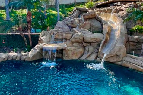 How Much Does It Cost to Add a Faux Rock Slide to a Pool? Pool Waterslide, Enclosed Staircase, Swimming Pool Slides, Pool Water Slide, Faux Rock, Rock Waterfall, Pool Ladder, Pool Contractors, Pool Renovation