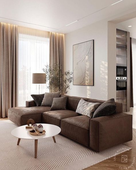 Brown Living Room Set Decor, White Walls Brown Couch, Dark Wood Aesthetic Living Room, Living Room Chocolate Brown Couch, Brown Couch Curtain Ideas, Dark Wood And White Living Room, Small Living Room Brown Couch, Brown House Interior Ideas, Living Room Decor Dark Brown Couch