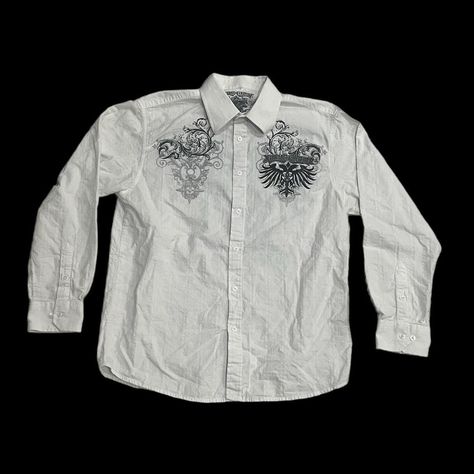 Xtreme Couture White Button Up Shirt Affliction... - Depop Button Up Shirt Y2k, White Affliction Shirt, White Shirt Y2k, Button Shirt Outfit, Affliction Style, Affliction Shirt, Xtreme Couture, Affliction Clothing, Affliction Shirts