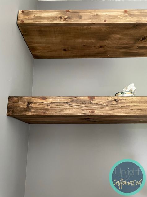 The Easy Way to Build Floating Shelves - Upright and Caffeinated Shelving Unit Ideas For Living Room, Floating Shelf Stain Color, Build Floating Shelf, Wood Shelving Bathroom, Rustic Floating Shelves Bathroom, Diy Chunky Floating Shelves, Built In Wooden Shelves, Chunky Shelves Floating, Distressed Floating Shelves