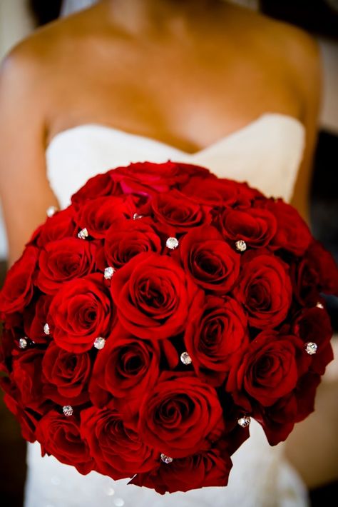 Perfect bouquet with gems between flowers as opposed to inside the bloom Colin Cowie Wedding, Red And White Weddings, Red Bouquet Wedding, Red Rose Wedding, Wedding Brooch Bouquets, Red Bouquet, Red Rose Bouquet, Rose Wedding Bouquet, Bride Bouquets