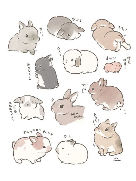 Rabbit Drawings Cute, White Bunny Illustration, Bunnies Reference, Lop Bunny Aesthetic, Fluffy Bunny Drawing, Chibi Animal Poses, Stuffed Bunny Drawing, Sleeping Bunny Drawing, Cute Pfp Bunny