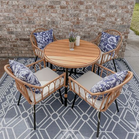 PRICES MAY VARY. PATIO WICKER FURNITURE SET- The outdoor wicker dining set for 4 persons drives you to spend more enjoyable leisure time with your loved family and friends. 4 holders with 8 bowls can hold disposable cups & rubbish, and the umbrella hole adds more convenience & pleasure when you stay in garden, yard, lawn, poolside, deck, porches, etc RELAX YOUR BACK & WAIST & ARMS- The ergonomic rattan chairs fit the spine curve of human to relieve your back & waist & arms fatigue after a busy d Outdoor Patio Dining Table, Round Patio Table, Rattan Dining Table, Dining Table Chair, Outdoor Patio Dining, Wicker Dining Set, Wicker Patio Furniture, Patio Dining Table, Patio Dining Chairs