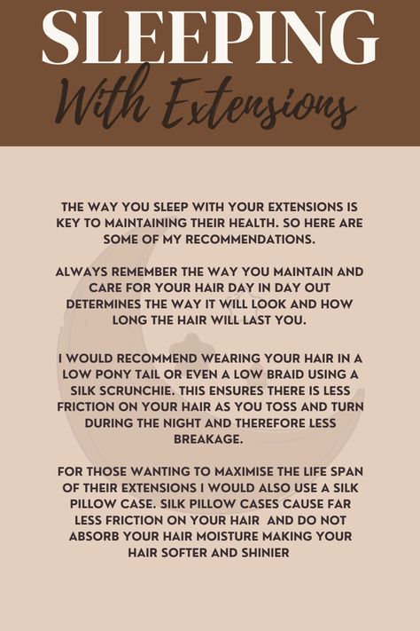 The way in which you sleep with your extensions is very important. Correct sleeping will ensure your hair extensions last you as long as possible. Sleeping With Hair Extensions, How To Sleep With Hair Extensions, Hair Extension Aftercare, Extension Care Tips Hair, Hair Extension Care Sew Ins, Hair Extension Specialist, Hair Extension Length Chart Bellami, Always Remember, Hair Day