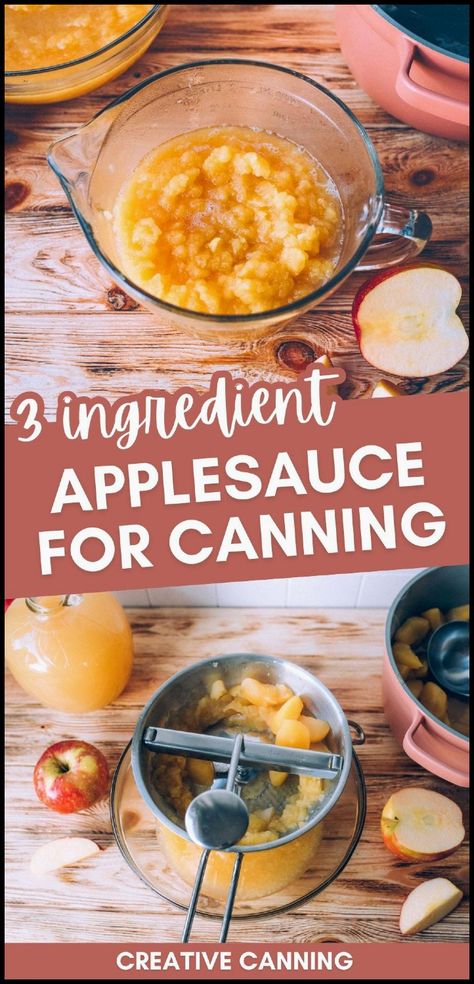 Discover this 3 ingredient applesauce for canning recipe that’s perfect for preserving apples. Made with fresh apples, apple cider, and bottled lemon juice, it’s simple, delicious, and beginner-friendly. Choose to make it plain or add spices for a warm fall flavor! Find more apple recipes, apple desserts, storing apples, and Canning Food Preservation at creativecanning.com. Applesauce For Canning, Apple Recipes For Canning, Storing Apples, Canning Fruit Recipes, Preserving Apples, Pressure Canning Meat, Canning Applesauce, Canned Applesauce, Water Bath Canning Recipes