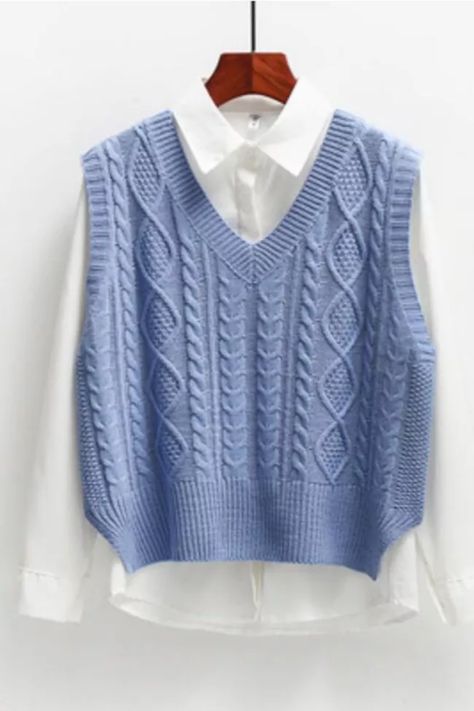 Women Short Knitted Sweater Sleeveless Korean Women Solid Color Loose Vest Ärmelloser Pullover, Cropped Cable Knit Sweater, Cable Knit Vest, Mode Kawaii, Outwear Fashion, Sleeveless Jumper, Blue Vests, Stylish Coat, Vest Women