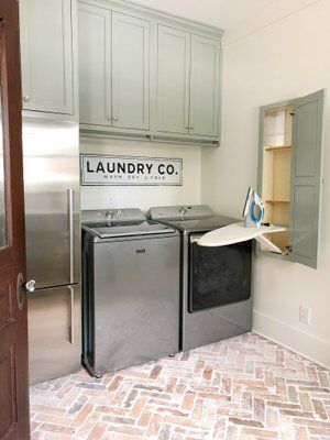 Room Fridge Ideas, Beach House Pantry, Homestead Laundry, Built In Ironing Board, Laundry Pantry Combo, Pantry Laundry Room Combo, Room Fridge, Herringbone Brick Floor, Laundry Room Combo