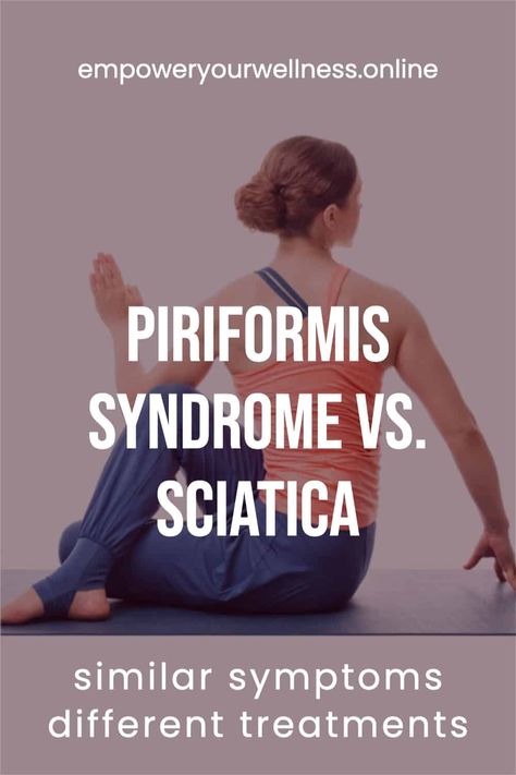 Looking for piriformis syndrome relief? If you've been stretching and stretching with no improvement, check out this blog post on the difference between piriformis syndrome and sciatica, and other common injury symptoms. These two conditions seem similar but have different underlying causes and respond to different treatments. Periformus Pain Relief, Piriformis Syndrome Symptoms, Piriformis Muscle Stretches, Piriformis Syndrome Exercises, Nerve Exercises, Gym Ideas Home, Pilates Cardio, Yoga Group, Sciatica Symptoms