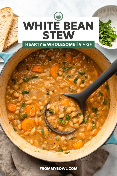 Vegan White Bean Stew, White Bean Stew Vegetarian, Vegan Bean Stew, Vegan White Bean Recipes, Bean Stew Recipes, Caitlin Shoemaker, White Beans Recipe, Lentil Potato Soup, Creamy White Beans