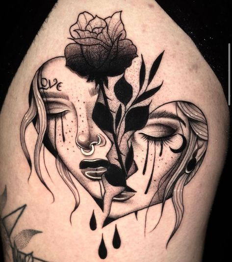 Fire Goddess Tattoos For Women, Broken Face Tat, Two Face Tattoo Woman, Dark Feminine Tattoos Sleeves, Tattoo For Bpd People, Female Rage Tattoo, Broken Tatoos Ideas, Split Personality Tattoo, Where Is My Mind Tattoo