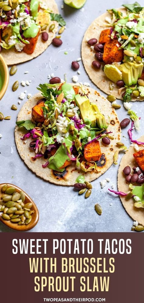 These hearty and healthy Sweet Potato Tacos with Brussels Sprouts Slaw are perfect for fall, and they’re a filling and delicious vegetarian meal, too! Brussels Sprout Slaw, Healthy Sweet Potato, Veggie Tacos, Sweet Potato Tacos, Potato Tacos, Vegetarian Tacos, Stuffed Sweet Potato Healthy, Brussels Sprout, Vegetarian Meal