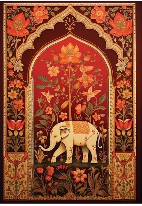 Pichwai Painting Elephant, Madhubani Wallpaper, Rajasthani Wallpaper, Rajasthani Wall Painting, Rajasthani Interior Design, Rajasthani Prints, Pichwai Art Paintings, Traditional Madhubani Art, Ancient Indian Paintings