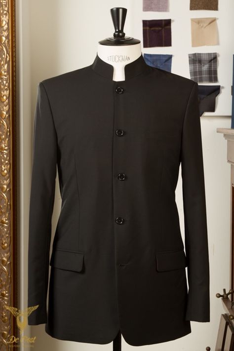 Nehru Mao Suit Jacket Black Lightweight Mohair Crease Free for Travelling - 7069 — De Oost helps you to "Dress Conscious". Mao Suit, White Tie Event, Tail Coat, Morning Coat, Event Shirts, Man Suit, Bespoke Suit, Bespoke Tailoring, School Dresses