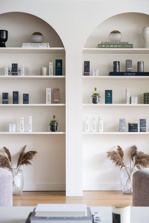 Arched built in storage shelves from the Allura Med Spa project in Providence Spa Shelves, Bali Studio, Aesthetic Miami, Boston Interior Design, Clinic Interior Design, Aesthetic Clinic, Spa Decor, Providence Ri, Medical Spa