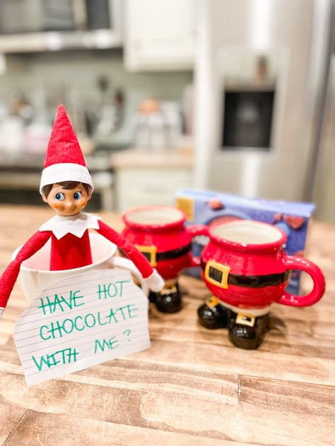 Elf Brings Hot Chocolate, Hot Cocoa Elf On The Shelf, Elf On Shelf Hot Chocolate, Elf On The Shelf Hot Chocolate, Elf Hot Cocoa, Elf Hot Chocolate, Elf Ideas Easy, Awesome Elf On The Shelf Ideas, Elf Antics