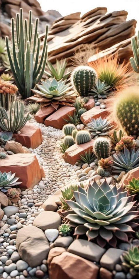 30 Inspiring Rock Gardens that Creative Home Owners Will Love - Peak Patio Life Desert Planter Ideas, Rock Garden With Succulents, Egypt Hotel, Cactus Garden Design, Cactus Garden Landscaping, Unique Landscaping, Succulent Rock Garden, Landscape Yard, Succulent Garden Landscape