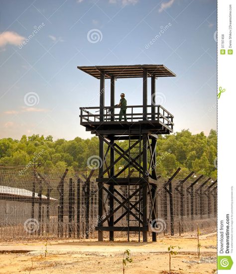 The Prison Guard In The Tower Royalty Free Stock Photos - Image ... Watch Tower Design, Tower House Design, Prison Tower, Tower Interior, Timber Frame Porch, Perimeter Security, Farm Shed, Hollow Point, Tree House Diy