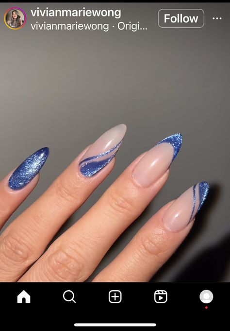 Dark Blue Glitter Nails Almond, Elegant Blue Nails Classy, Sparkly Blue Nails Acrylic, Blue Glitter Almond Nails, Navy Blue Nails With Glitter, Navy Blue Sparkle Nails, Blue And Silver Prom Nails, Blue And Silver Glitter Nails, Blue Glitter Nail Designs