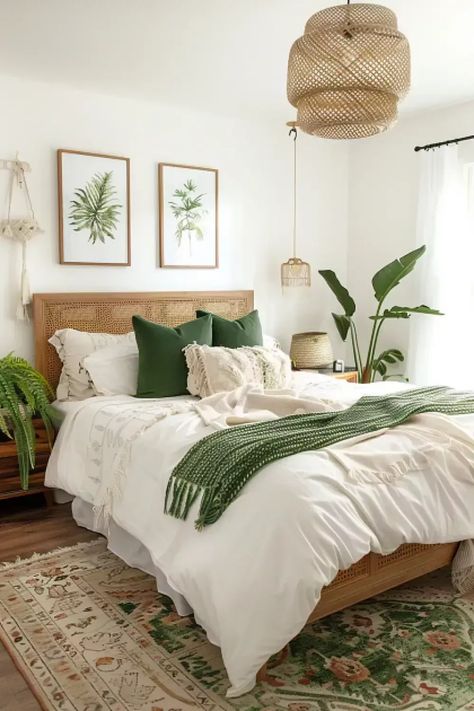 Small Bedroom Decor Ideas Minimalist, Bedroom White Green Wood, Modern Minimalist Boho Bedroom, Tropical Inspired Bedroom, Cozy Bedroom Wood, Boho Bed Ideas, Tiny Boho Bedroom, Green Minimalist Bedroom, Small Rustic Bedroom