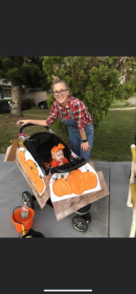 Cutest pumpkin the the patch! I decorated the stroller with pumpkin cutouts I painted on “straw bales”. Zip tied them onto the stroller and also added glowsticks. Unfortunately my daughter was sick this year(2018) so we stayed home and passed out candy❤️ Stroller Costumes For Babies, Stroller Halloween, Stroller Halloween Costumes, Stroller Costume, Baby Pumpkin Costume, Bike Parade, Pumpkin Cutouts, Baby Pumpkin, 1st Halloween