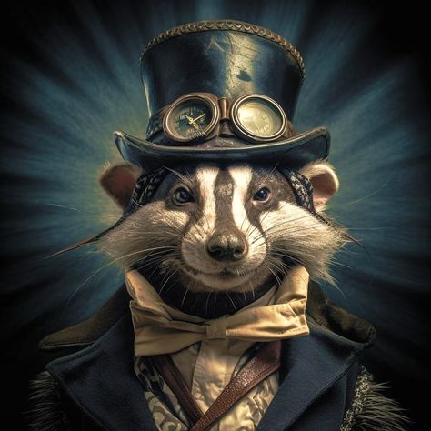 Steampunk Badger Weasel Ferret Polecat - Etsy Dnd Weasel, Ferret Fantasy Art, Steampunk Squirrel, Steampunk Ferret, Ferret With Hat, Large Hats, Virtual Art, Badger, Ferret