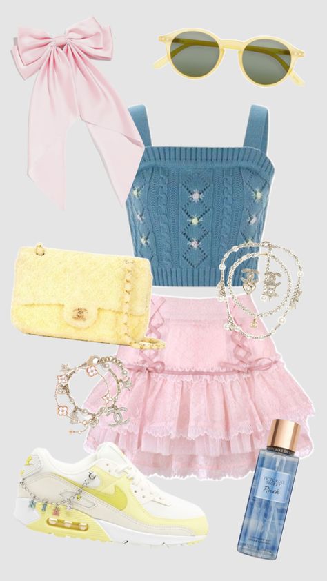 Spring/Summer Outfit Inspo! #outfitinspo #outfit #outfitideas #inspo #style #fashion #fashioninspo #pastel #blue #pink #yellow #gold #casual #spring #summer #summeraesthetic #soft #cute #girly #trendy Summer Kpop Outfit, Harajuku Fashion Street, Yellow Outfit, Soft Cute, Pretty Style, Pastel Yellow, Going Out Outfits, Casual Spring, Harajuku Fashion