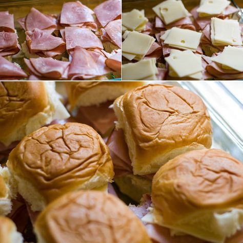 assembling ham sandwiches Ham And Swiss Sandwiches, Football Sandwiches, Roll Sandwiches, Oven Bakes, Hawaiian Ham, Hawaiian Bread, Ham And Cheese Sliders, Ham And Swiss, Hawaiian Roll