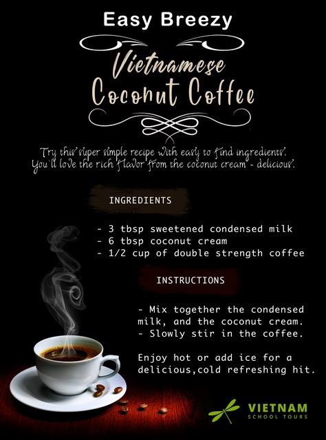 For a great afternoon pick me up, try this delicious Vietnamese Coconut Coffee recipe! Easy to make with ingredients available in most pantries. We’d love to see your creations - click the link if you would love to share photos with us in the comments section on Facebook. #Stayhome #Stayhomechallenge #coffeereceipe #VietnameseCoffe Vietnam Coffee, Coconut Coffee, Coffee Recipe, Sweetened Condensed Milk, Coconut Cream, Share Photos, Coffee Recipes, Travel Food, Pantry