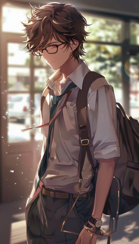 Casual flowing brown hair and glasses, jeans, backpack anime style character Anime Guy With Scarf, Brown Haired Boy Art, Brown Haired Anime Guy, Anime Guy With Glasses, Shaggy Brown Hair, Brown Hair And Glasses, Anime Style Character, Anime Glasses Boy, Hair And Glasses