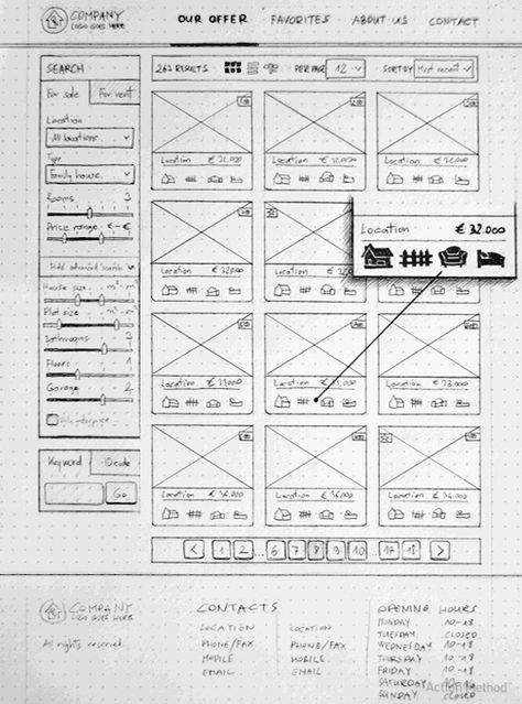 Redesign concept - Real Estate Agency website by Béla Lajos, via Behance Website Sketch Design, Ux Sketches, Sketch Website, Wireframe Sketch, Website Wireframe, Website Planning, Ui Ux 디자인, Wireframe Design, Ecommerce Websites