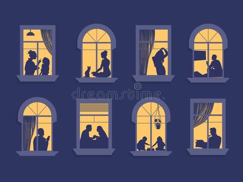 People In Windows Illustration, Silhouette In Window, Window Vector Illustration, Window Illustration Drawing, Animated Window, Apartment Illustration, Home Illustration Art, Windows Illustration, Animated House