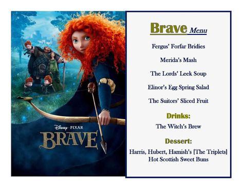 DISNEY MEAL #132 - BRAVE! Has link to pictures of How the Meal Came Together & The Treat! Happiest Memories On Earth - is an awesome blog that has SO MANY Disney Meal Ideas and MORE!! Brave Disney Movie, Disney Movie Themed Dinner, Family Movie Night Themes, Disney Movie Night Menu, Disney Themed Movie Night, Disney Movie Night Food, Disney Movie Night Dinner, Brave Movie, Disney Themed Food