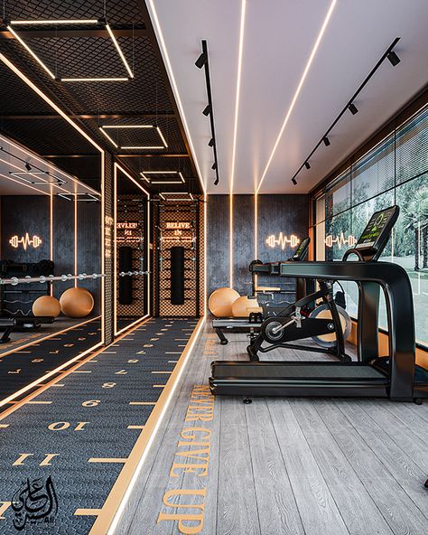 home gym on Behance Luxury Home Gym Mansions, House Gym Room Luxury, Gym Interiors Modern, Gym Aesthetic Design, Gym Place Interior Design, Fancy Gym Design, Aesthetic Home Gym Room, Aesthetic Gym Interior, Cool Gym Aesthetic